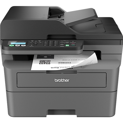 Grijze Brother multifunctionele printer die papier afdrukt, met een bedieningspaneel en het merk.
