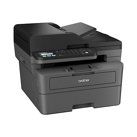 Drucker von Brother. Schwarz und Grau. Bedienfeld mit Knöpfen und Display. Papierausgabefach mit Logo.