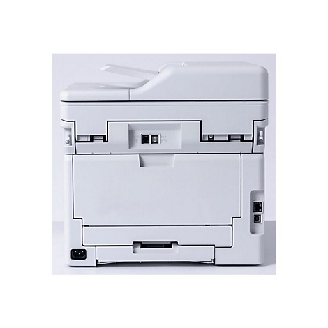 Ein weißer Drucker, von hinten fotografiert. Oben offener Scanner, darunter Fach für Papier.