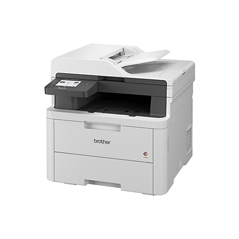 Weißer Drucker mit offenem Deckel und Touchscreen. Das Brother-Logo ist sichtbar.