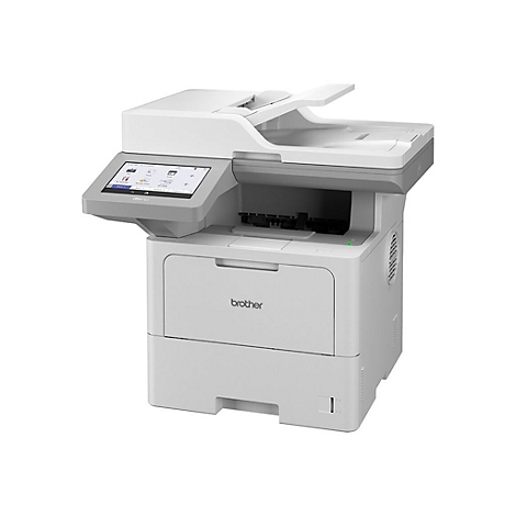 Weißer Brother Laserdrucker mit Touchscreen-Display vor neutralem Hintergrund.