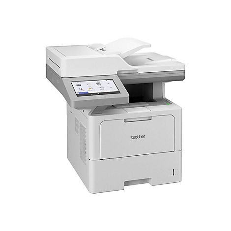 Weißer Brother Multifunktionsdrucker vor neutralem Hintergrund mit Touchscreen-Display.