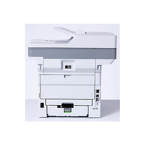 Ein weißer Drucker mit grauen Akzenten, von hinten fotografiert. Obere Klappe offen, darunter Papierzufuhr.