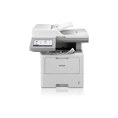 Ein weißer Multifunktionsdrucker von Brother steht vor neutralem Hintergrund. Auf dem Display sind Icons zu sehen; ein Papierausdruck liegt im Ausgabefach.