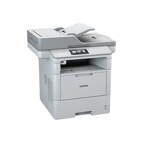 Grauer Multifunktionsdrucker von Brother. Oben offener Scanner, Bedienfeld mit Display, darunter Papierschublade mit Brother-Logo.