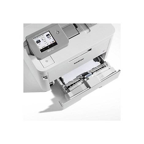 Weißer Laserdrucker mit ausgefahrenem Papierfach und Display, auf dem Datum und Funktionen angezeigt werden.