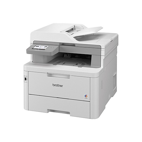 Ein weißer Drucker der Marke Brother, die obere Abdeckung ist geöffnet, ein Touchscreen ist sichtbar.