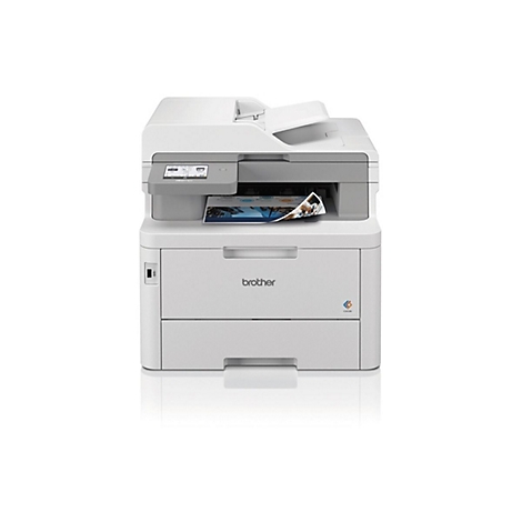 Weißer Brother-Multifunktionsdrucker mit farbigem Touchscreen und einem gedruckten Dokument, das aus dem Drucker kommt.