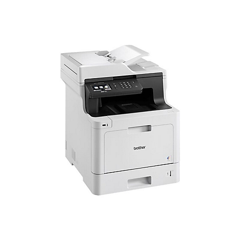 Ein weißer Brother-Multifunktionsdrucker auf weißem Hintergrund. Oben offener Einzug. Bedienfeld, Display und mehrere Tasten. Aufschrift "brother".