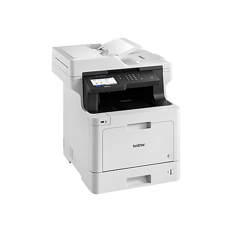 WeiÃŸer Brother-Multifunktionsdrucker, schwarz abgesetzt. Mit Display und Bedienfeld, Papierausgabefach.