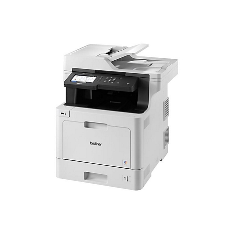 Weißer Multifunktionsdrucker mit Bedienfeld, Druckerfach und Markenschriftzug.