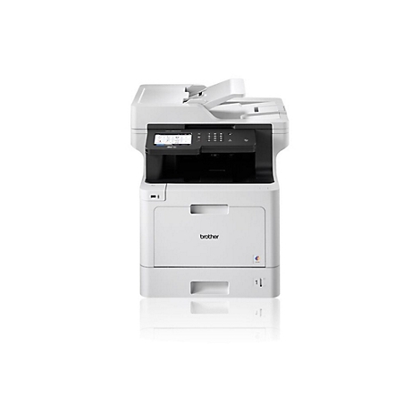 Imprimante blanche avec écran tactile, sur fond blanc.