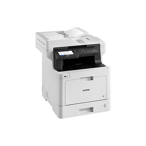Imprimante multifonction blanche Brother, panneau de commande avec écran tactile, bac à papier ouvert.