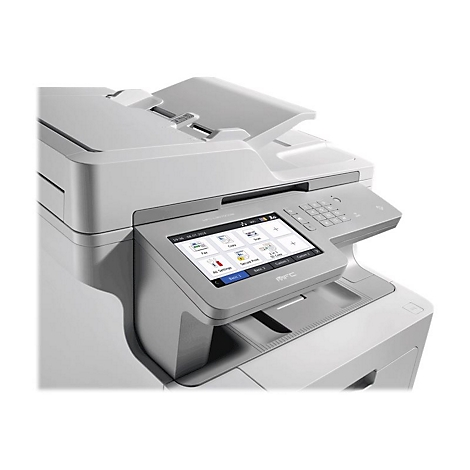 Ein weißer Multifunktionsdrucker mit Touchscreen-Display und Tastenfeld. Das Display zeigt verschiedene Funktionen an.