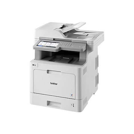 Weißer Multifunktionsdrucker mit Touchscreen. Oberhalb befindet sich ein Scanner, darunter ein Papiereinzug.