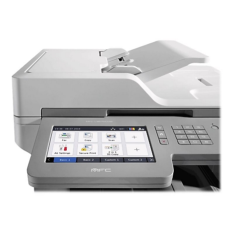 Ein weiß-grauer Multifunktionsdrucker mit Touchscreen und Bedienfeld, der die Funktionen Faxen, Kopieren und Scannen anzeigt.