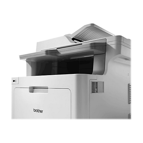 Ein weißer Drucker, teilweise geöffnet, mit dem Schriftzug "brother" am unteren Rand.