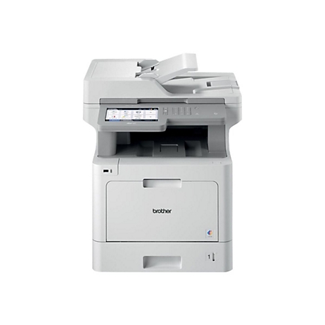 Grauer Drucker mit aufgeklapptem Deckel und Touchscreen-Display. Das Brother-Logo ist sichtbar.