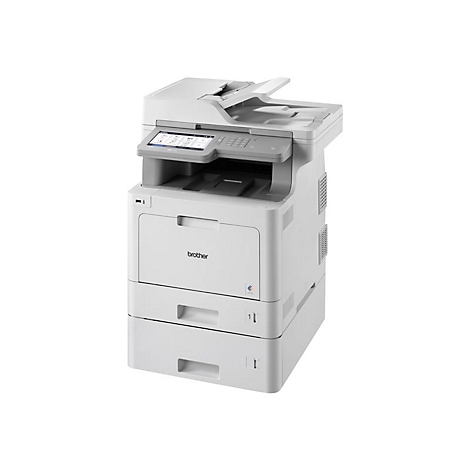 Ein weißer Büro-Multifunktionsdrucker der Marke Brother, mit geöffnetem Deckel. Unten zwei Papierkassetten.