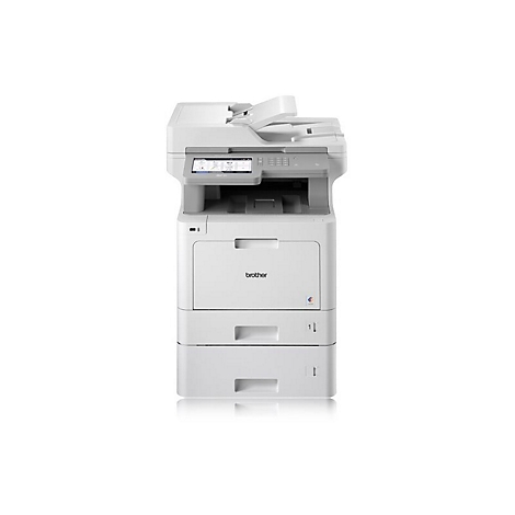 Weißer Multifunktionsdrucker von Brother, Ansicht von vorne. Oben befinden sich ein Scanner, ein Bedienfeld und eine Papierausgabe. Darunter befinden sich zwei Papierschubladen.