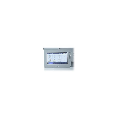 Nahaufnahme eines grauen Touchscreens mit Icons und BedienknÃ¶pfen an einem Drucker.