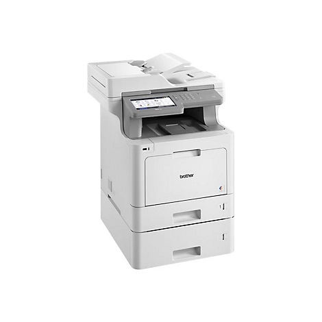 WeiÃŸer Brother-Multifunktionsdrucker mit LCD-Bildschirm und PapierfÃ¤chern, auf weiÃŸem Hintergrund.