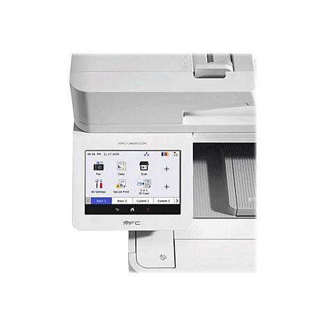 Ein weißer Drucker mit Touchscreen-Bedienfeld, auf dem Menüoptionen angezeigt werden.