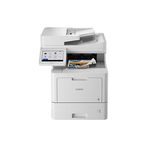 Imprimante multifonction blanche Brother avec écran tactile et impression couleur.