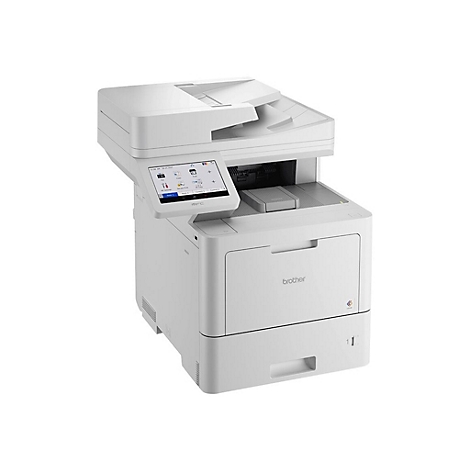 Weißer Brother-Multifunktionsdrucker, mit Touchscreen und Bedienfeld, vor weißem Hintergrund.