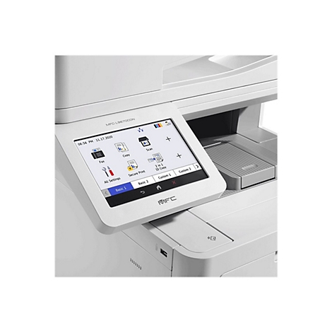 Detaillierte Ansicht eines weißen Multifunktionsdruckers mit Touchscreen und verschiedenen Funktionen wie Fax, Scannen und Kopieren.