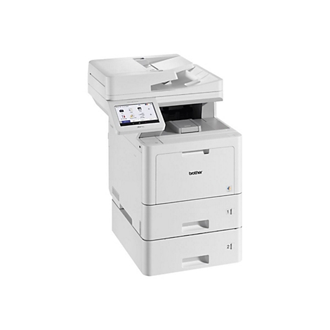 Ein weißer Drucker mit Touchscreen, Marke Brother. Er hat zwei Papierschubladen und ein Bedienfeld.