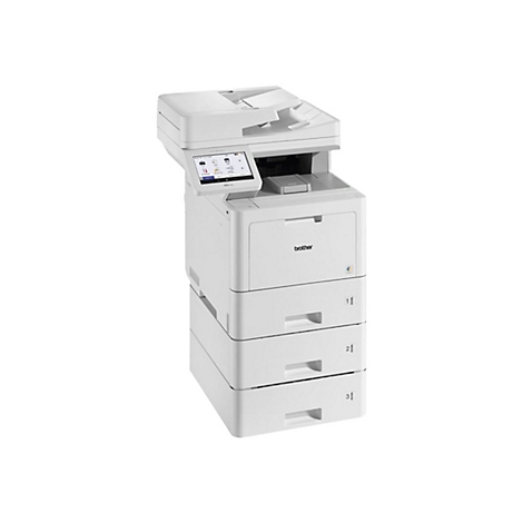 Ein weißer Brother-Multifunktionsdrucker. Auf dem Touchscreen sind Icons zu sehen. Darunter befinden sich drei Papierschubladen.