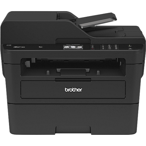 Schwarzer Multifunktionsdrucker mit offenem Einzug. Das Brother-Logo ist sichtbar. Das Bedienfeld hat ein Display und Knöpfe.