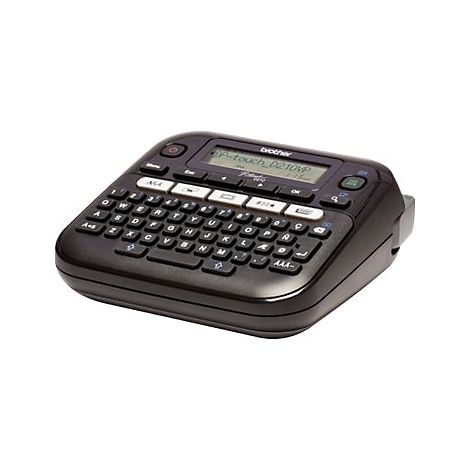Schwarzes Beschriftungsgerät Brother P-touch D210VP mit QWERTZ-Tastatur und Display.