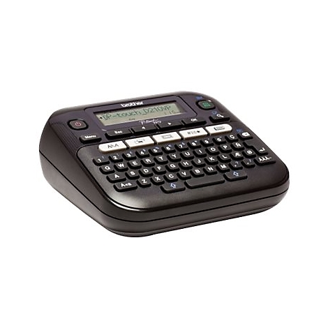 Schwarzer Brother Beschrifter mit Display und Tastatur, auf weißem Hintergrund.