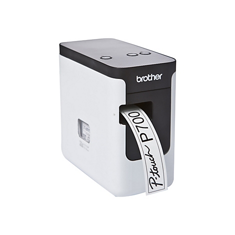 Ein weiÃŸ-schwarzer Etikettendrucker mit dem Etikett P-touch P700. Das Brother Logo ist auf dem GerÃ¤t zu sehen.