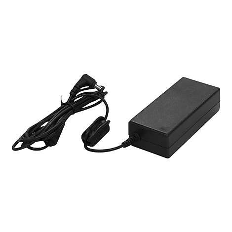 Schwarzes Netzteil mit Kabel und Stecker.