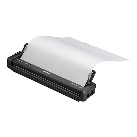 Schwarzer Brother Pocket-Jet-Drucker mit herausragendem Papierblatt, weißem Hintergrund.