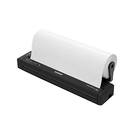 Mobiler Thermodrucker, schwarz, mit Papierrolle. Logo 'Brother'.