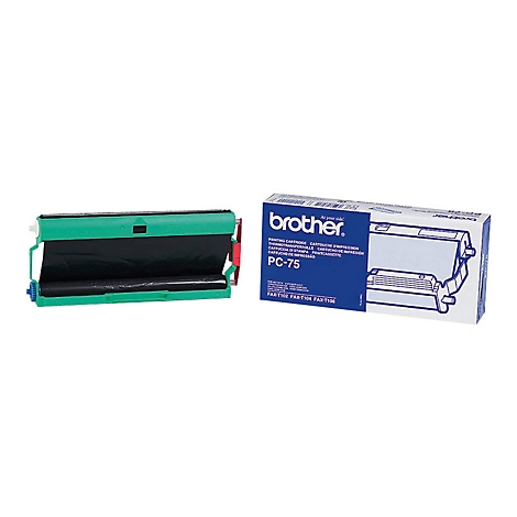 GrÃ¼ne Brother PC-75 Farbbandkassette, daneben eine Verpackung mit Brother Logo und Produktbezeichnung.