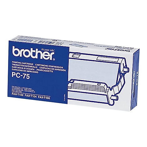 Verpackung einer Brother PC-75 Druckkassette. Blaue und weiÃŸe Farben dominieren das Bild, das Produkt ist im Detail abgebildet.