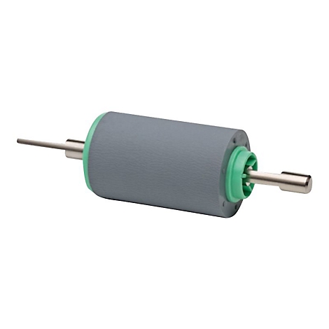 Walze eines Druckers, grau mit grünen und silbernen Akzenten, auf weißem Hintergrund.