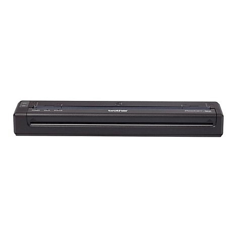 Schwarzer Brother PocketJet-Drucker; blaue Akzente; Knöpfe mit Schriftzügen; weißer Hintergrund.
