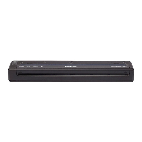 Schwarzer Brother PocketJet-Drucker auf weißem Hintergrund. Oben sind Power-, Daten- und Status-LEDs.