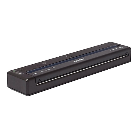 Schwarzer Brother PocketJet Drucker, blaues Element, Beschriftung: Power, Data, Status. Aufschrift: Brother, PocketJet. 
