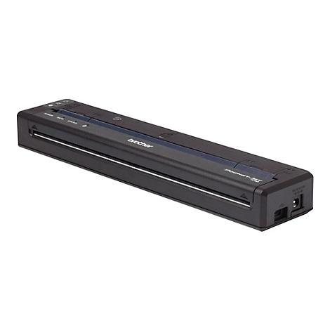 Schwarzer Brother PocketJet Drucker, blau akzentuiert. Aufschrift "brother".