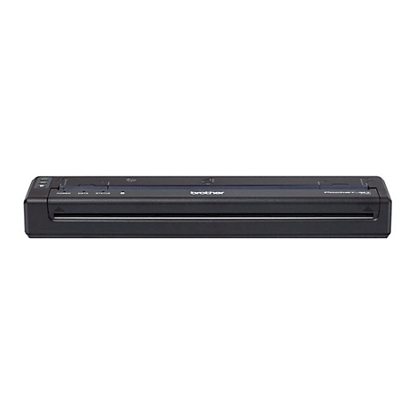 Schwarzer Brother PocketJet Drucker, von vorne fotografiert. Auf der Oberseite befinden sich Knöpfe und Schriftzüge. Unterhalb ein Papiereinzug.