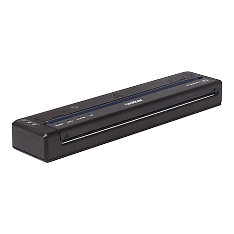 Schwarzer Brother Pocket Jet Drucker. Oben steht der Markenname und Knöpfe für Strom, Daten, Status.
