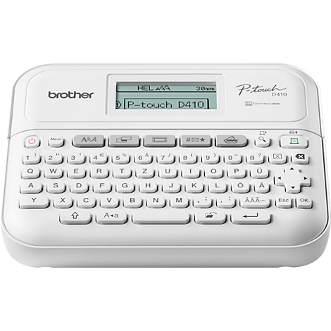 Witte Brother P-touch D410 labelmaker, met tekst op het scherm en toetsenbord.