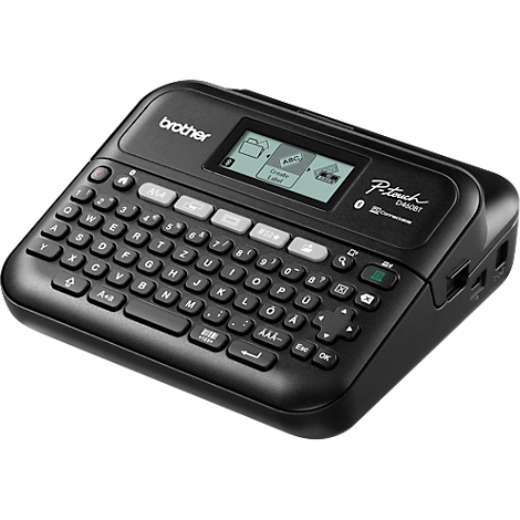 Een zwarte Brother P-touch D400BT labelmaker met een QWERTZ-toetsenbord en LCD-scherm. Het apparaat is iets schuin van bovenaf afgebeeld.